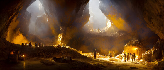 Wall Mural - Artistic concept painting of a gold mine in cave, background illustration.