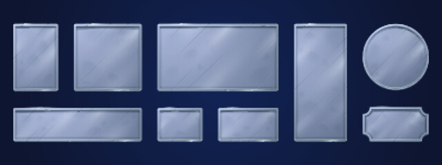 Poster - Steel game signs, name plates, empty silver plaques mockup. Metal shiny tags or badges, square round and rectangular nameplates, gamer ui menu or app graphic elements, isolated realistic 3d vector set