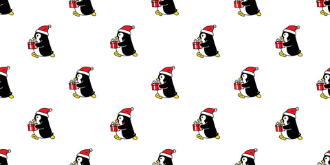 Wall Mural - penguin seamless pattern christmas santa claus hat running bird vector gift box birthday duck cartoon repeat wallpaper  tile background gift wrapping paper illustration design scarf isolated