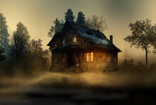 A Creepy Haunted Hut In A Misty Forest. Realistic Digital Illustration. Fantastic Background. Concept Art. CG Artwork.