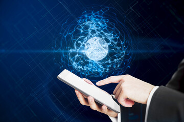 Aufkleber - Close up of businessman hands pointing at mobile phone glowing blue linear sphere on blurry background. Geometric cyberspace, network and future concept.