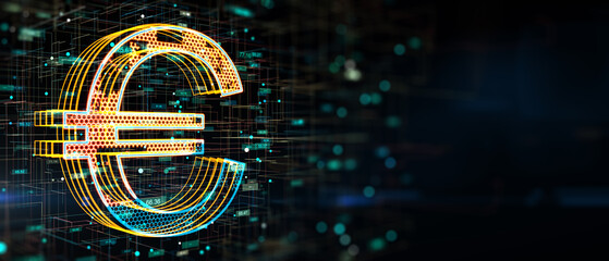 Poster - Financial concept with bright digital euro symbol concept with honeycombs inside on abstract dark background with place for advertising poster or campaign. 3D rendering, mock up
