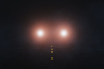 Wall Mural - 3d car headlights on a foggy road at night