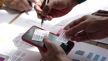 ux Graphic designer creative sketch planning application process development prototype wireframe for web mobile phone . User experience concept.