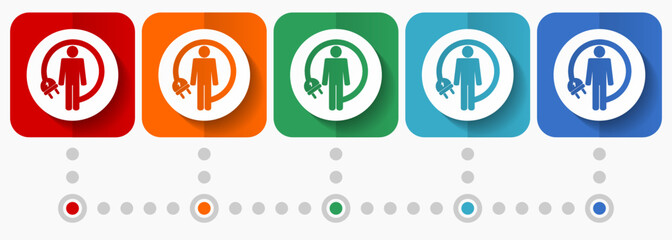 Poster - Android charging wire, humanoid robot vector icons, infographic template, set of flat design symbols in 5 color options