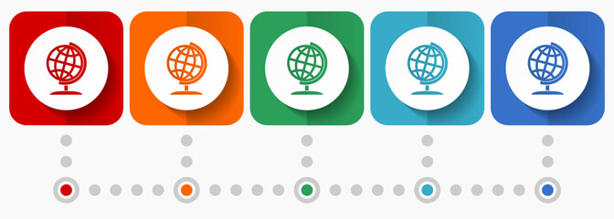 Poster - Globe, world, global, map, earth vector icons, infographic template, set of flat design symbols in 5 color options