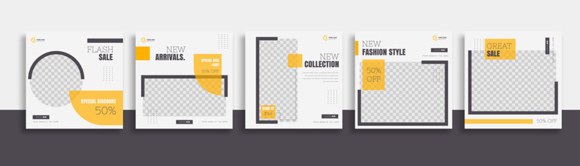 Wall Mural - Set of Editable minimal square banner template. black yellow white background color with geometric shapes for social media post and web internet ads. Vector illustration