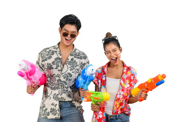 Wall Mural - Portrait Young couple enjoy with water gun on Songkran festival