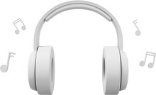 Wireless Headphones And Flying Music Notes Front View. White PNG Icon On A Transparent Background. 3D Rendering.