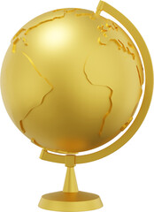 Poster - Globe Earth on a stand. Minimalist cartoon. Gold PNG Isolated icon on transparent background. 3D rendering.