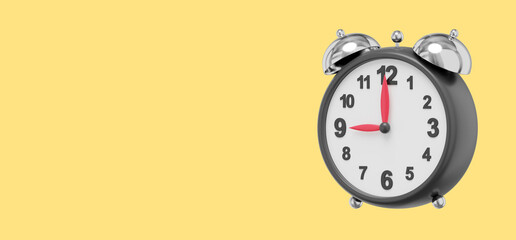 Poster - Realistic vintage alarm clock, side view. 3D rendering. Icon on yellow background, space for text.