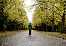 Senior Woman With Umbrella Walking On Road Amidst Autumn Trees