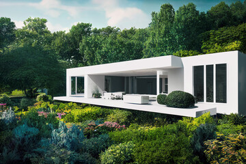 Wall Mural - Futuristic minimalist modern bungalow house in beautiful garden