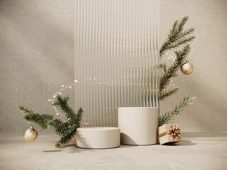 Wall Mural - Christmas greeting card, poster, banner with gift boxes, toys, Christmas tree branches - 3D, render. Pastel stand, podium, pedestal for goods, shop windows and magazines.