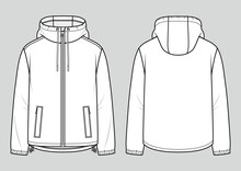 Men's Hooded Windbreaker Jacket. Fashion Sketch. Flat Technical Drawing. Vector Illustration.
