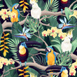 Seamless pattern with exotic flowers and birds