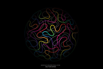 Poster - Abstract doodle line in circle sphere shape by colorful spectrum light line like brain isolated on black background. Vector 3D illustration in concept of modern, creative, brain, A.I. technology.