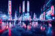 Winter city street in the night under the snow and neon street at the downtown wallpaper background.