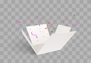 Sticker - Open gift box with confetti burst explosion isolated. 3d vector background.