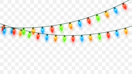 Sticker - Christmas lights set. Vector New Year decorate garland with glowing light bulbs.