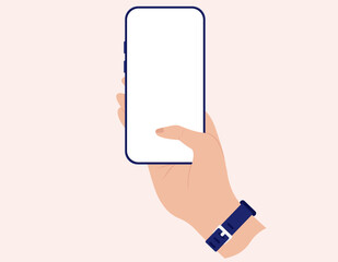 Wall Mural - Phone in hand vector mockup - Hand holding smartphone with blank white screen. Illustration on warm coloured background