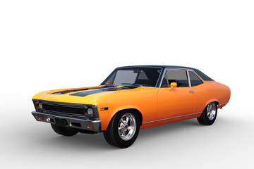 Poster - 3D render of an orange retro American muscle car isolated on transparent background.