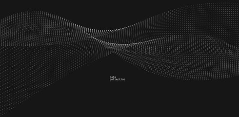 Poster - grey abstract background, vector wave of flowing particles over black, curvy lines of dots in motion