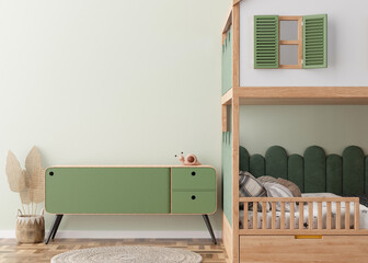 Wall Mural - Empty light green wall in modern child room. Mock up interior in scandinavian style. Copy space for your picture or poster. Bed, sideboard, rattan basket. Cozy room for kids. 3D rendering.