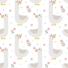 Seamless cute vector animal pattern with goose, flower, plant