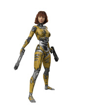 3D Iillustration Of A Female Cyborg With Yellow Body Armour Isolated On Transparent Background.