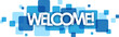 WELCOME banner with blue squares on transparent background