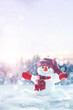 Merry christmas and happy new year greeting card .Happy snowman standing in winter christmas landscape.Snow background