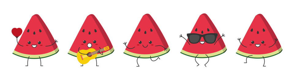 Poster - Set watermelon fresh juicy slice  character cartoon greeting jumping sings love running cute smiling face cheerful kawaii joy happy emotions icon vector illustration.