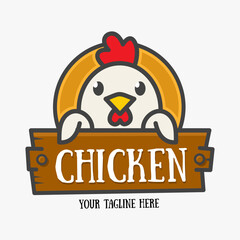 Wall Mural - Vector Logo of сute funny smiling cartoon chicken. Modern humorous logo template with image of the rooster. Poultry farm logo. Can be use for advertising farm, market, gastronome.