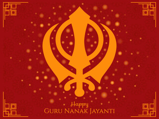 Wall Mural - Happy Guru Nanak Jayanti Gurpurab Poster Vector Illustration. Golden and red Khanda ornamental graphic design. Social media post, website, celebration, greeting card. Traditional sikh festival banner