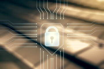 Poster - Double exposure of virtual creative lock hologram with chip on blurry abstract metal background. Information security concept