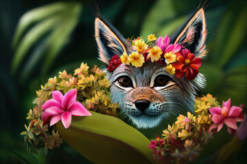Wall Mural - Cute realistic lynx on tropical jungle full of exotic flowers and leaves. Amazing tropical wallpapers for print, web, greeting cards, wrappers. Digital art