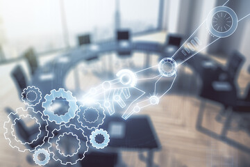 Aufkleber - Abstract virtual robotics technology hologram on a modern coworking room background, artificial intelligence and machine learning concept. Multi exposure