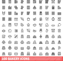 Poster - 100 bakery icons set. Outline illustration of 100 bakery icons vector set isolated on white background