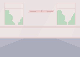 Poster - Hospital room flat color vector illustration. Healthcare institution. Private patient room. Unfurnished ward. Fully editable 2D simple cartoon interior with open windows on background