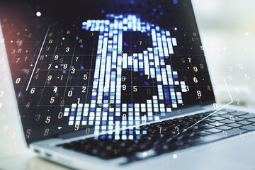 Poster - Creative Bitcoin concept with modern computer background. Double exposure
