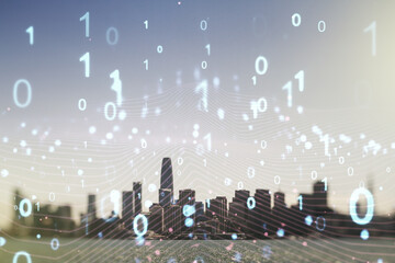 Aufkleber - Abstract virtual binary code hologram on San Francisco cityscape background, AI and machine learning concept. Multiexposure