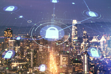 Poster - Double exposure of virtual creative lock hologram with chip on San Francisco city skyscrapers background. Information security concept