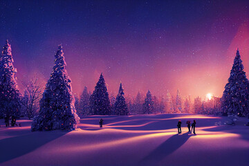 Winter christmas landscape. Magical fairy light. Christmas tree. Winter starry sky