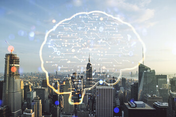Poster - Double exposure of creative human brain microcircuit hologram on Manhattan office buildings background. Future technology and AI concept