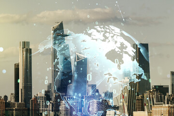 Aufkleber - Multi exposure of abstract graphic coding sketch and world map on Manhattan cityscape background, big data and networking concept
