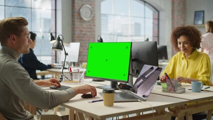 Wall Mural - Multiethnic Group of Creative Colleagues Working on Computers in a Modern Bright Office. Male Administrator Preparing a Presentation Using Green Screen. Biracial Businesswoman Smiling.