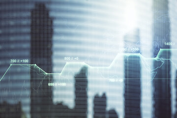 Aufkleber - Double exposure of abstract creative statistics data hologram on blurry cityscape background, analytics and forecasting concept