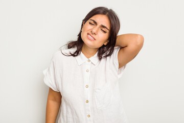 Young Indian woman isolated on white background massaging elbow, suffering after a bad movement.