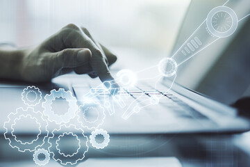 Aufkleber - Creative concept of robotics technology and hands typing on laptop on background. Robot development and automation concept. Multiexposure